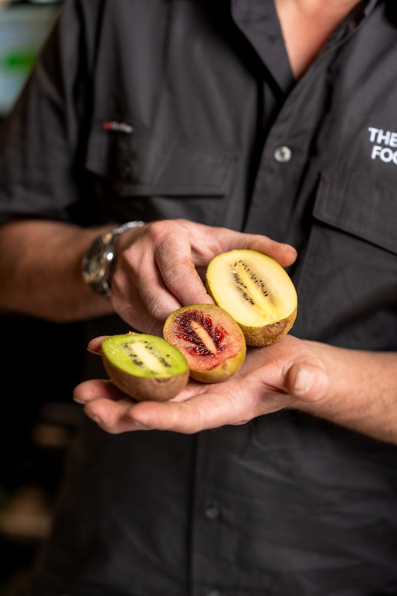 Person holding three kiwi fruits, two of which are cut open, in a blurred indoor setting.